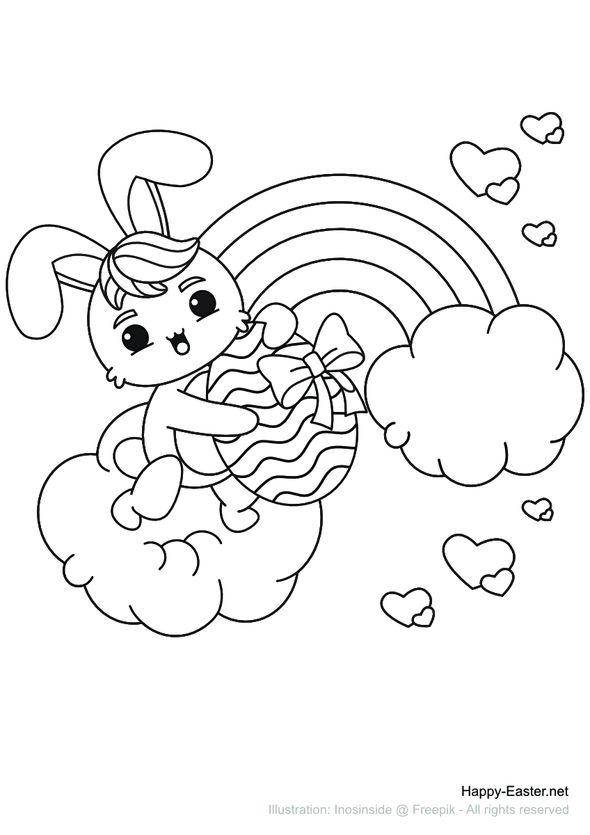 Easter bunny in front of a rainbow (free printable coloring page)