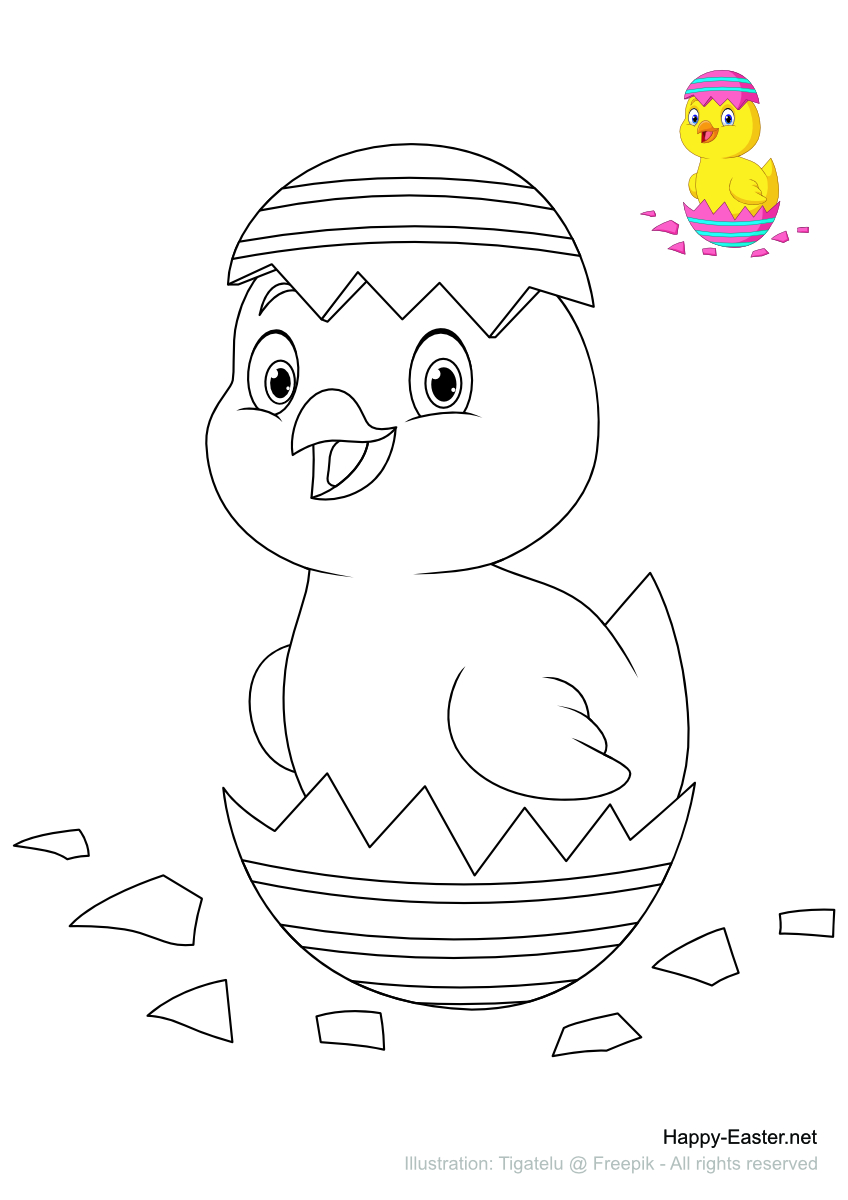 Chick hatching from Easter egg (free printable coloring page)