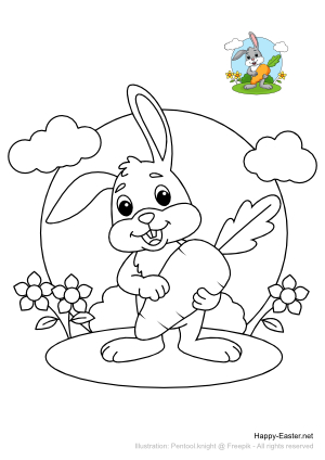 Easter Hare holding a big carrot (free printable coloring page)