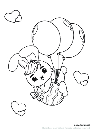 A Bunny flying in the air using balloons (free printable coloring page)