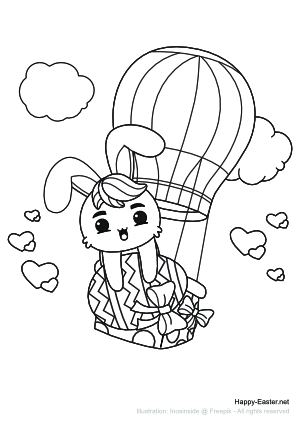 An Easter bunny in a hot-air balloon (free printable coloring page)