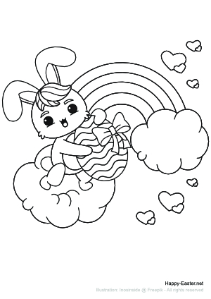 Easter Bunny in front of a Rainbow (free printable coloring page)