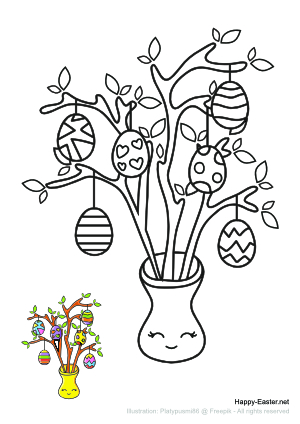Shrub decorated with painted eggs (free printable coloring page)