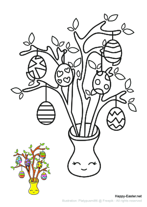 Shrub decorated with Painted Eggs (free printable coloring page)
